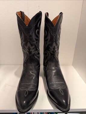 Dan Post Black Leather Western Cowboy Boots with Embroidered Stitching